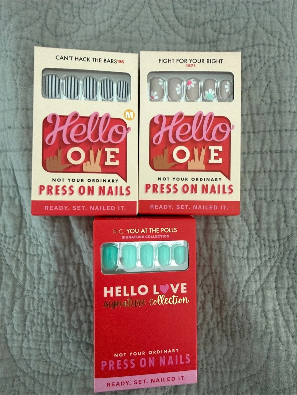 Hello Love Press-On Nails - Mint Green, Gray & Striped & Floral Sets